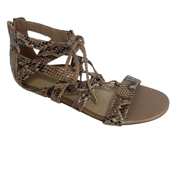 Marc Fisher Tan Snake Skin Print Gladiator Sandals Size 7 Back Zip Flats - Picture 2 of 11